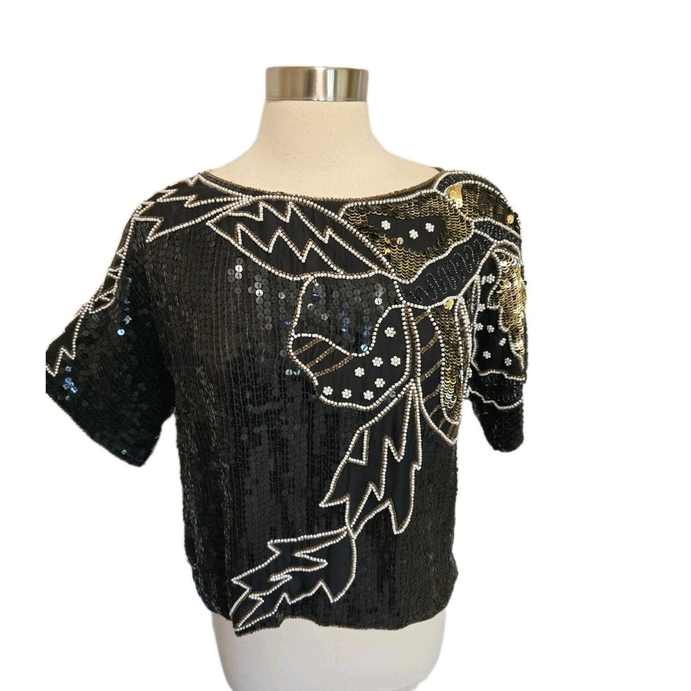 Womens Vintage 100% Silk Blouse Black Beaded Sequins All Over Evening
